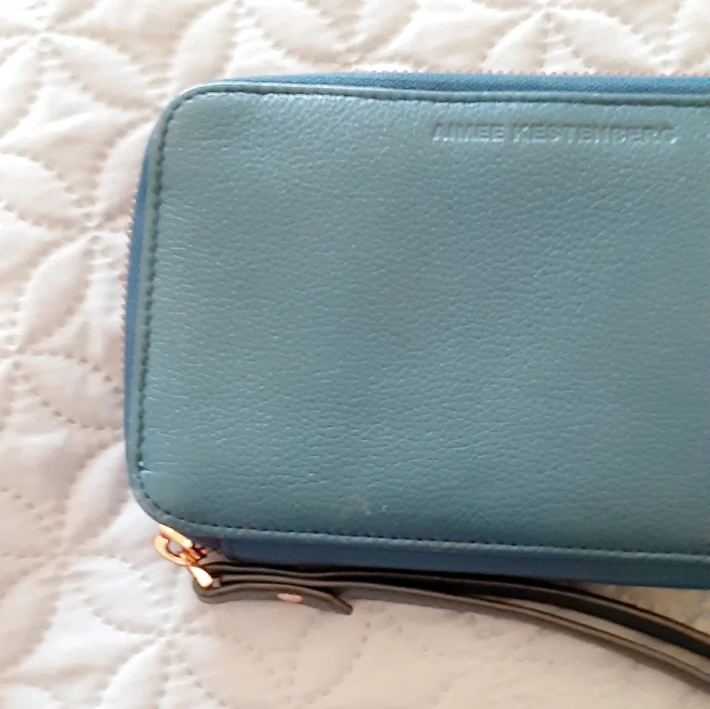 Aimee Kestenberg aqua blue leather zip wallet